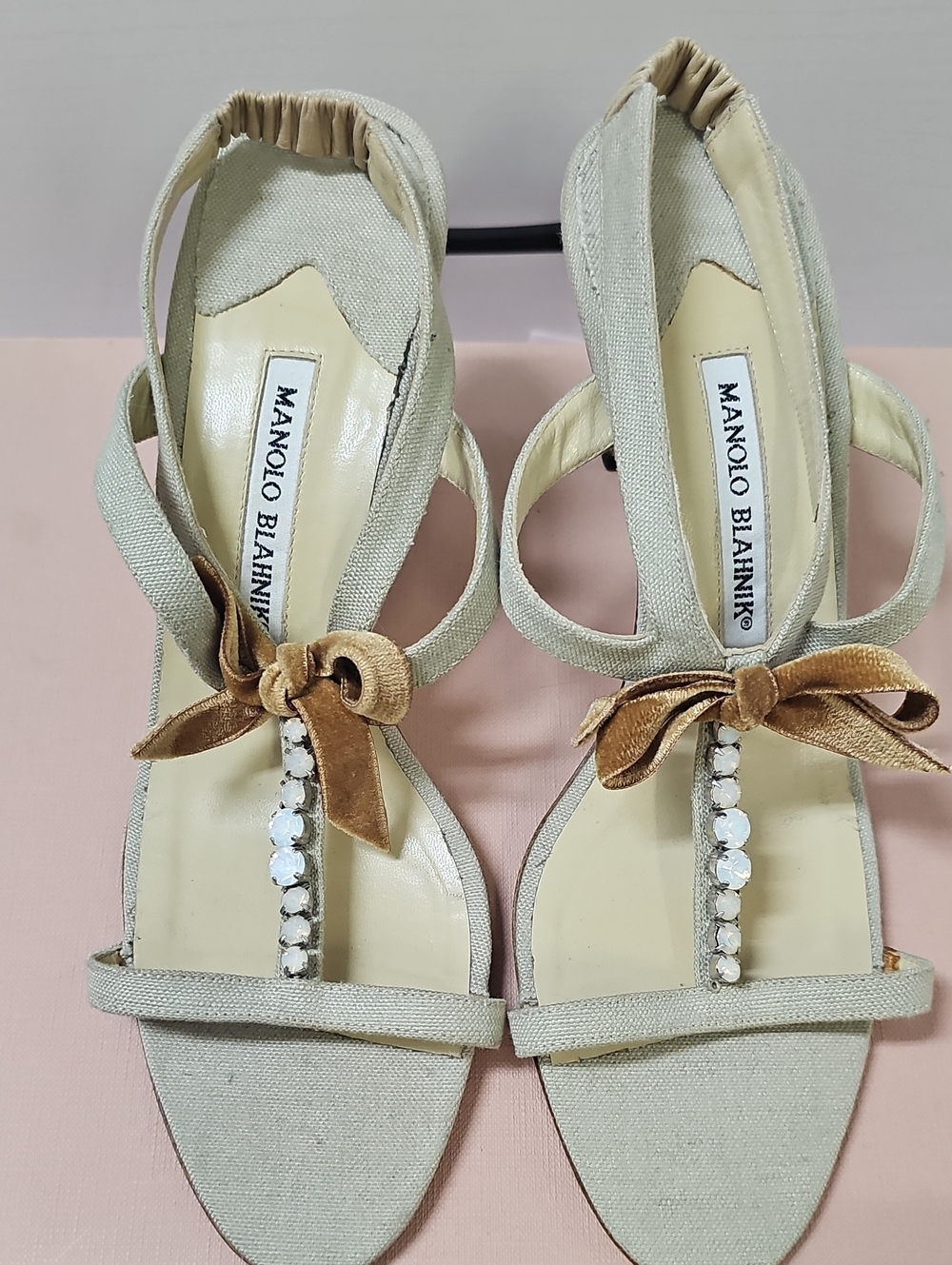 Manolo Blahnik Women's Light Beige Slingback Sandals with Bow & Crystal Detail